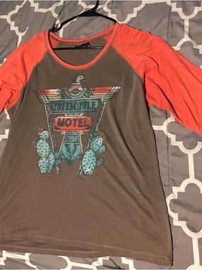 Womens ‘Totem Pole Motel' Graphic Raglan Tee - Orange/Brown